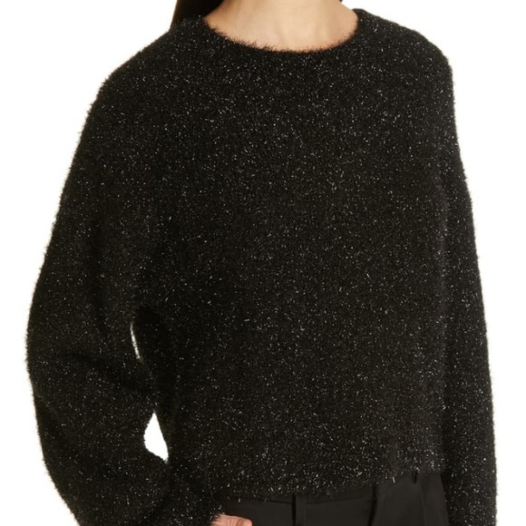 Vince Boxy Black Metallic Knit Pullover Sweater, Medium